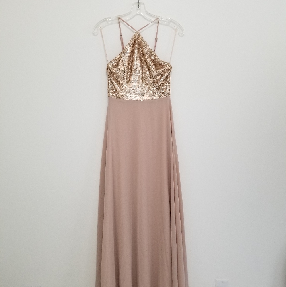 Lulus Maxi Dress The Best Part Matte Gold Sequin Halter Size Small